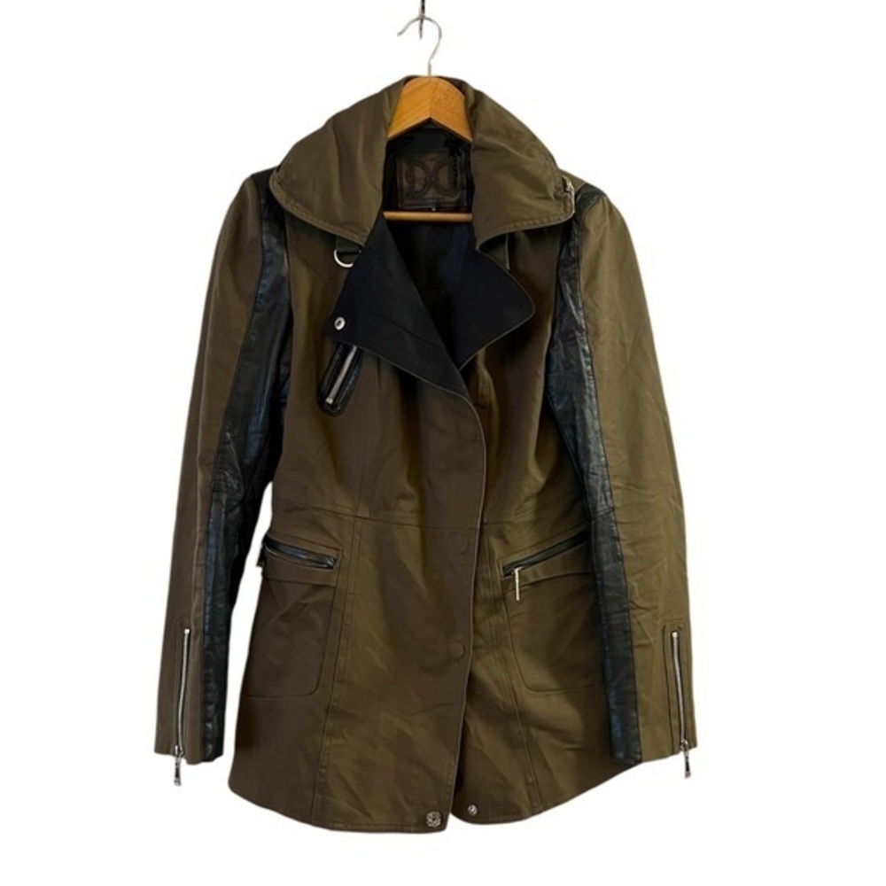 DAWN LEVY Olive Green Fabric & Black Leather Jacket w/ Stowaway Hood M